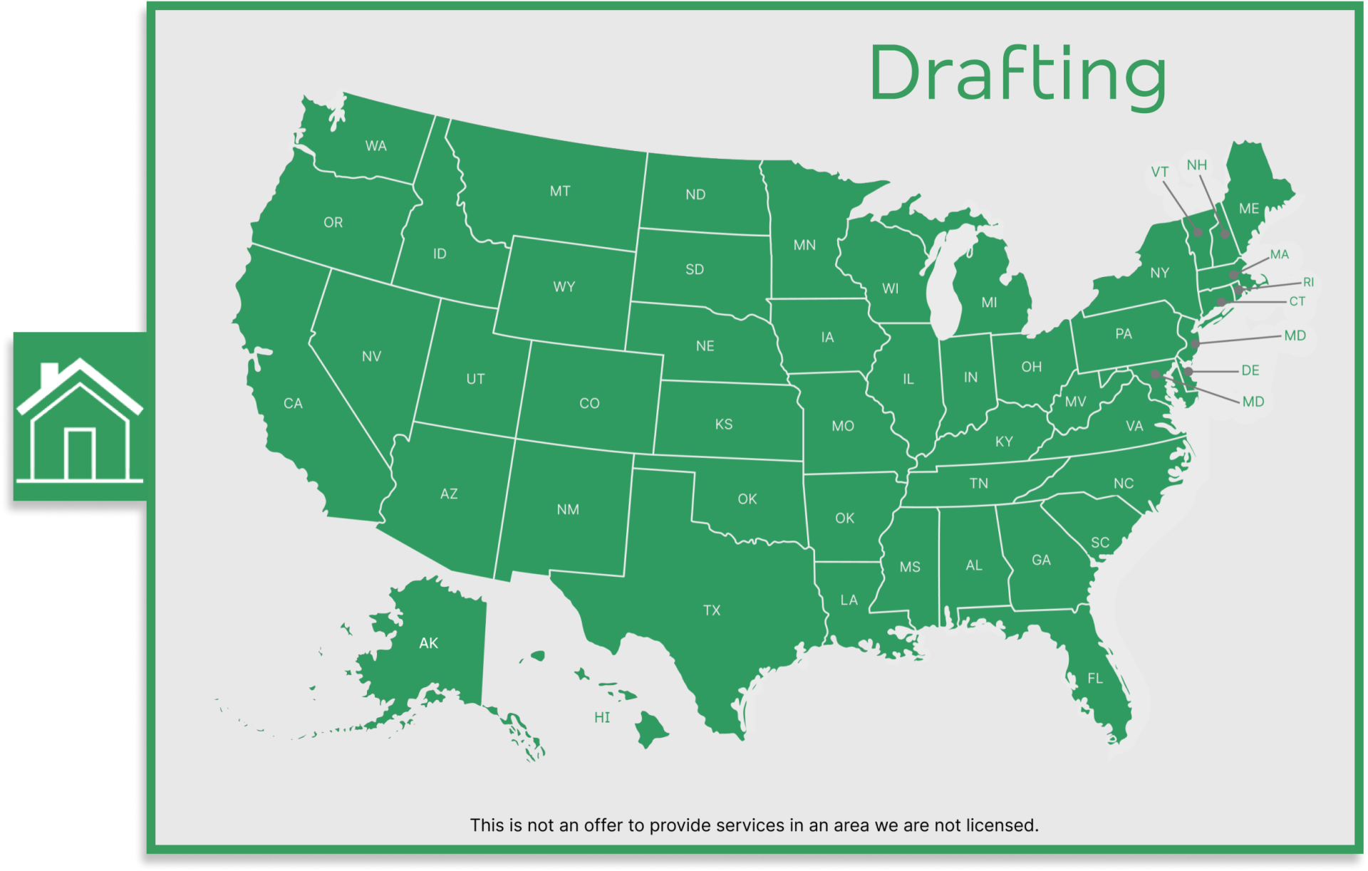 Drafting map graphic showing drafting service area